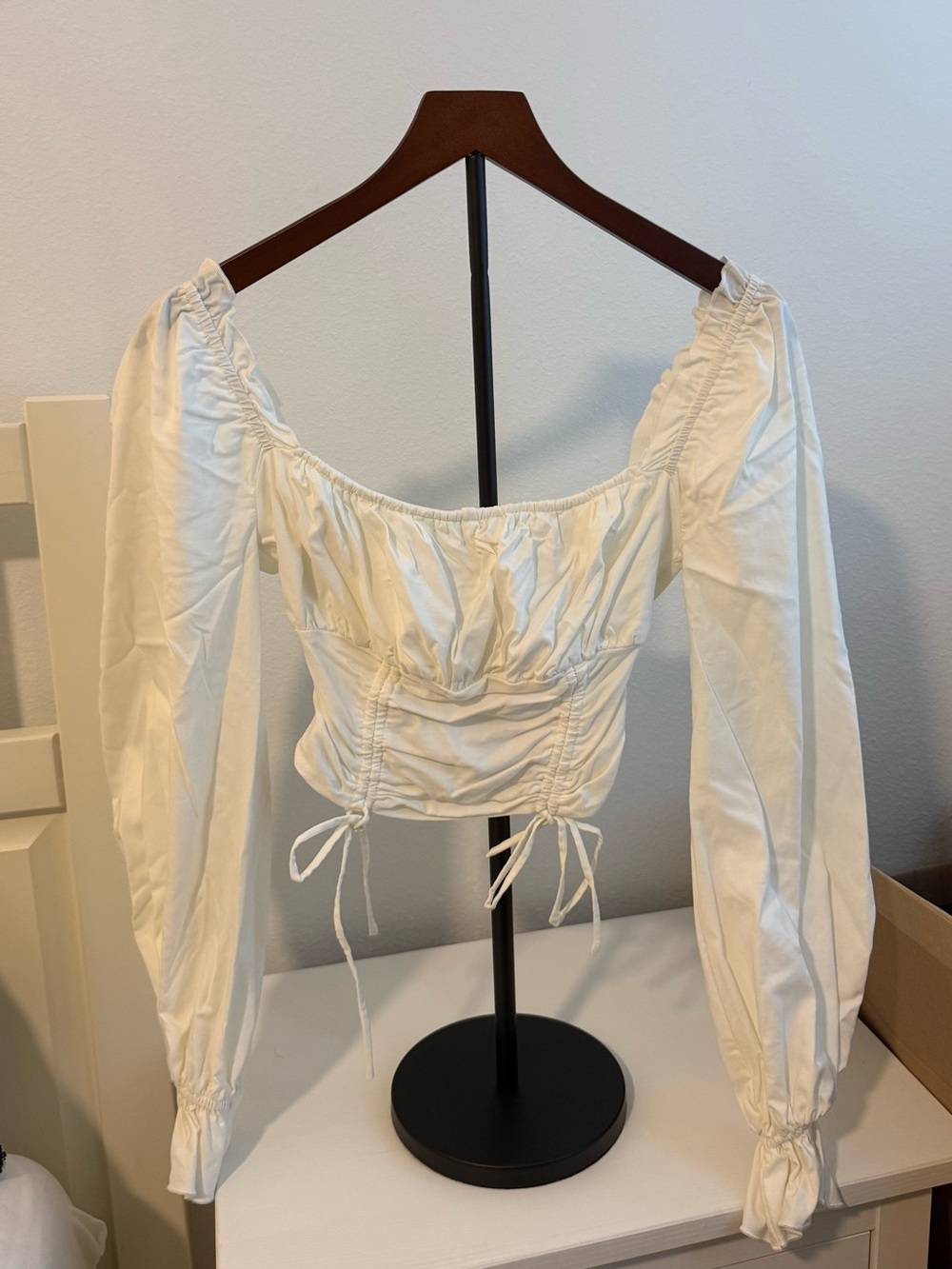 Blue Blush White Ruched Peasant Blouse with Drawstring